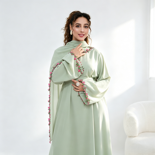 Amira Floral Embroidered Nida Abaya With Matching Hijab Set