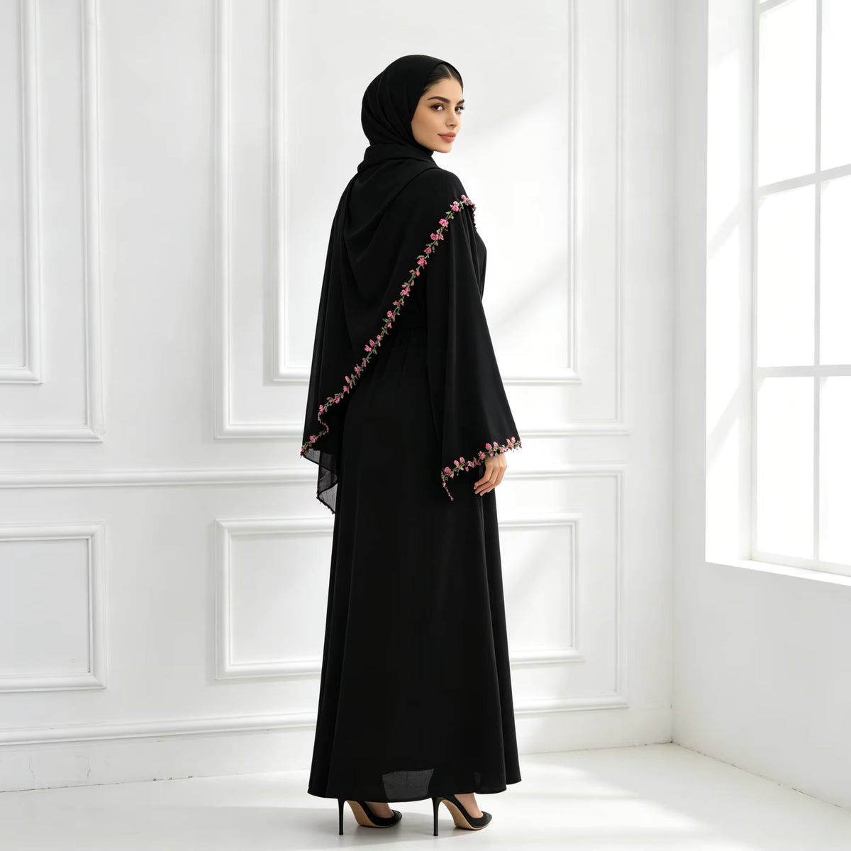 Amira Floral Embroidered Nida Abaya With Matching Hijab Set