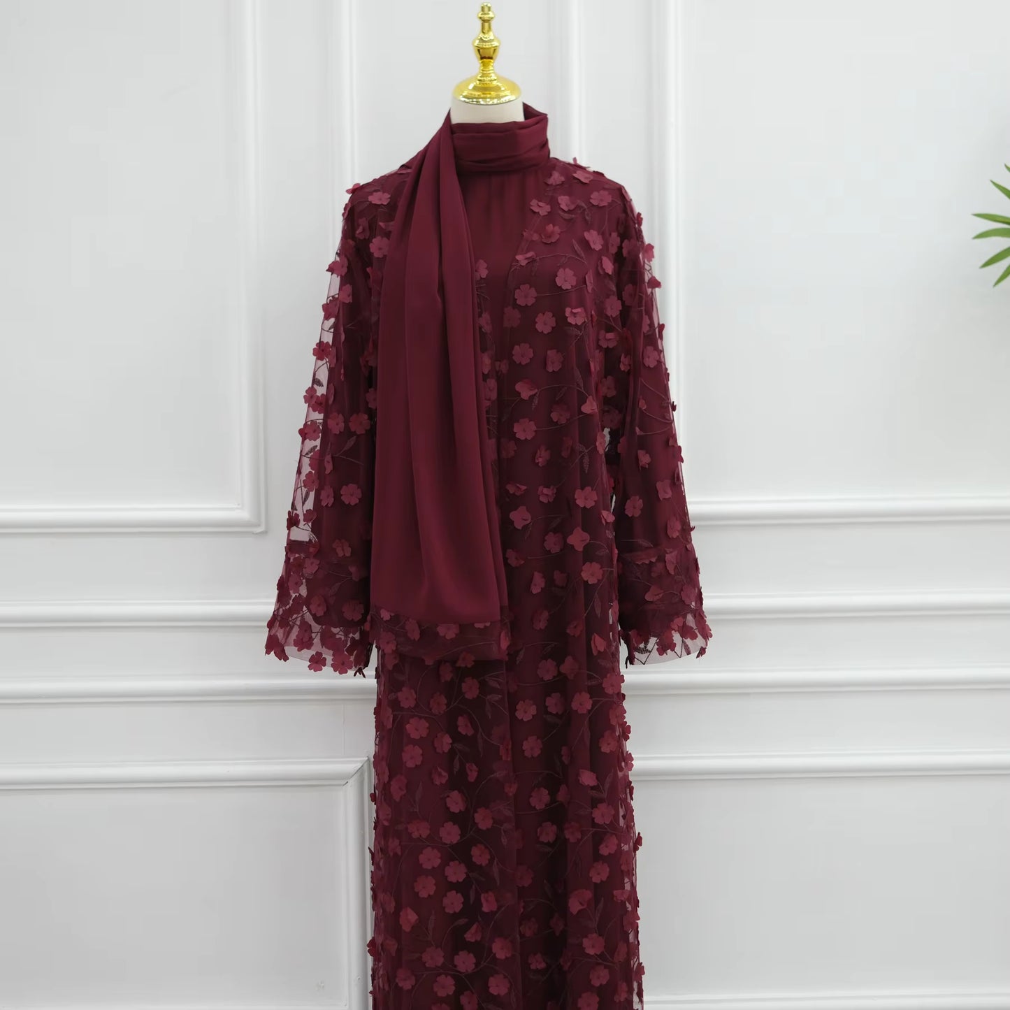 3D Floral Lace Abaya Set – 3 Piece