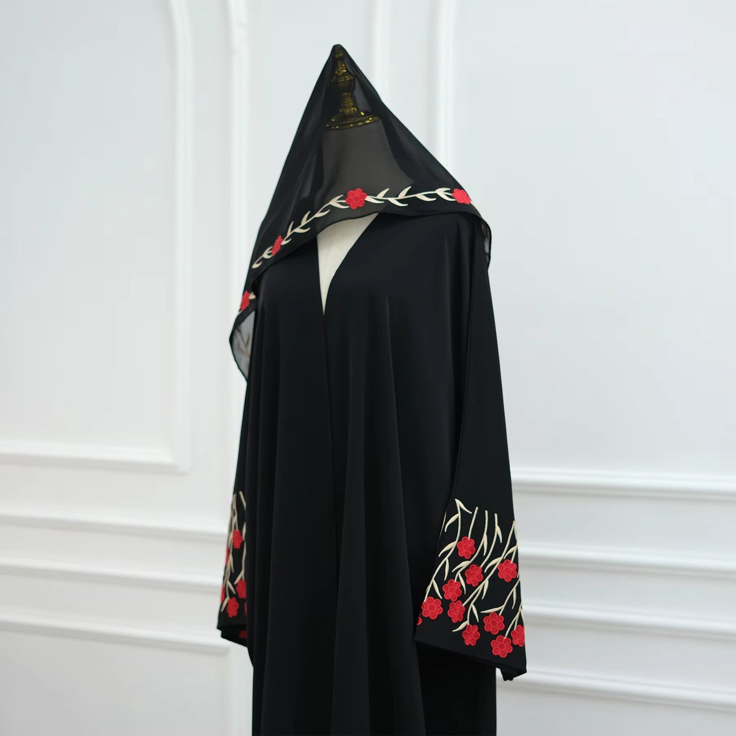 Loriya Floral Embroidered Open Abaya Set – 2PCS Modest Islamic Dress with Hijab