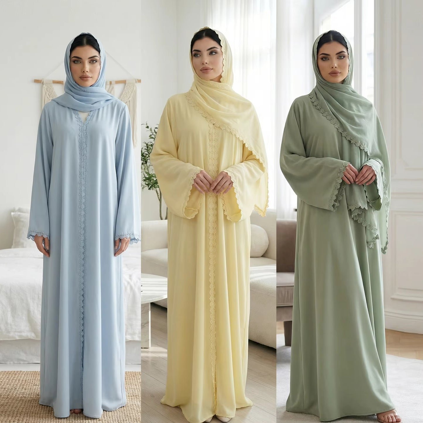 Nida Lace Flower Open Abaya with Hijab