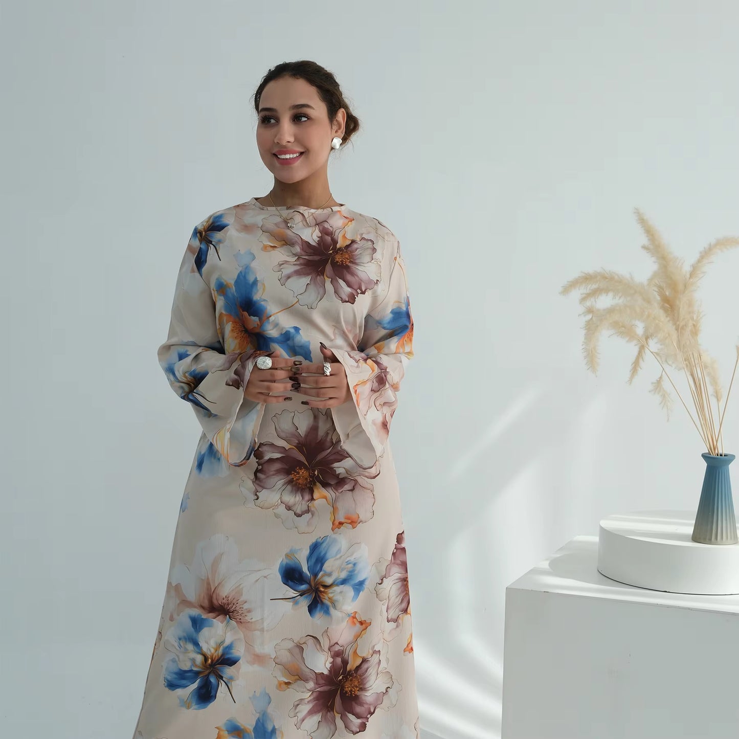 Elegant Floral Abaya | Modest Long Sleeve Muslim Maxi Dress