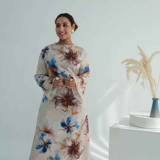 Elegant Floral Abaya | Modest Long Sleeve Muslim Maxi Dress