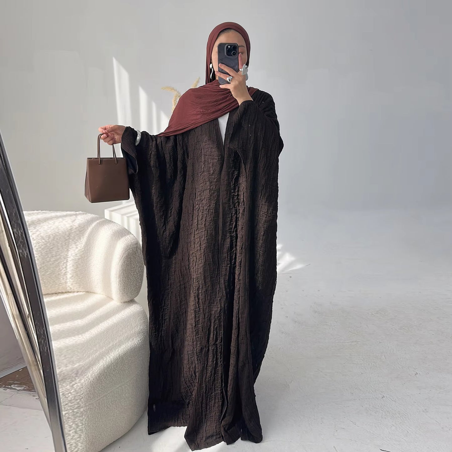 Brown Textured Open Front Abaya – Elegant Modest Islamic Cardigan for Women