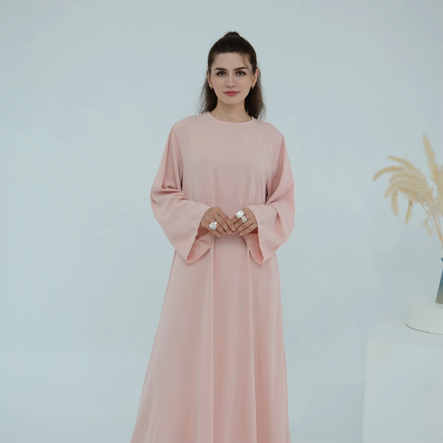Eid Modest Nida Closed Abaya Long Sleeve Maxi Dress with Belt