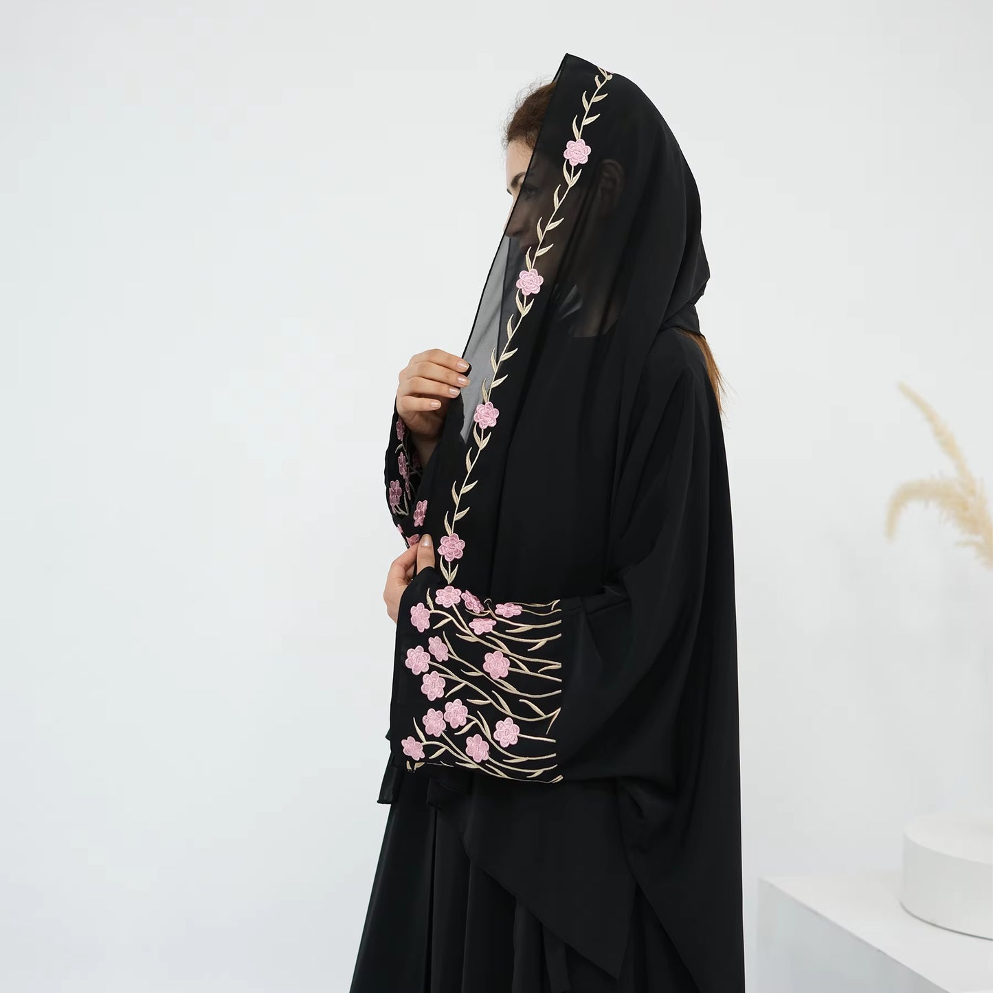 Loriya Floral Embroidered Open Abaya Set – 2PCS Modest Islamic Dress with Hijab