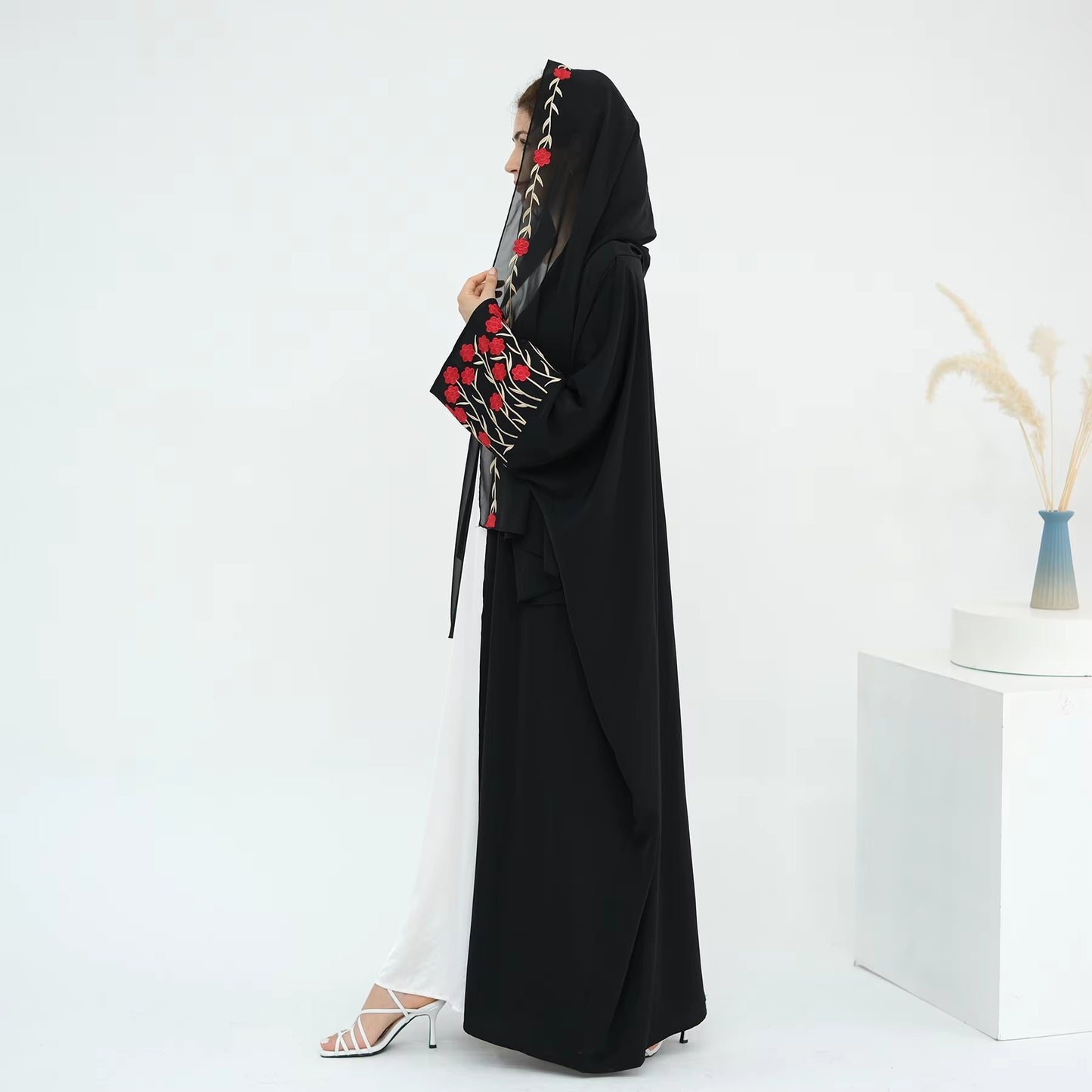 Loriya Floral Embroidered Open Abaya Set – 2PCS Modest Islamic Dress with Hijab