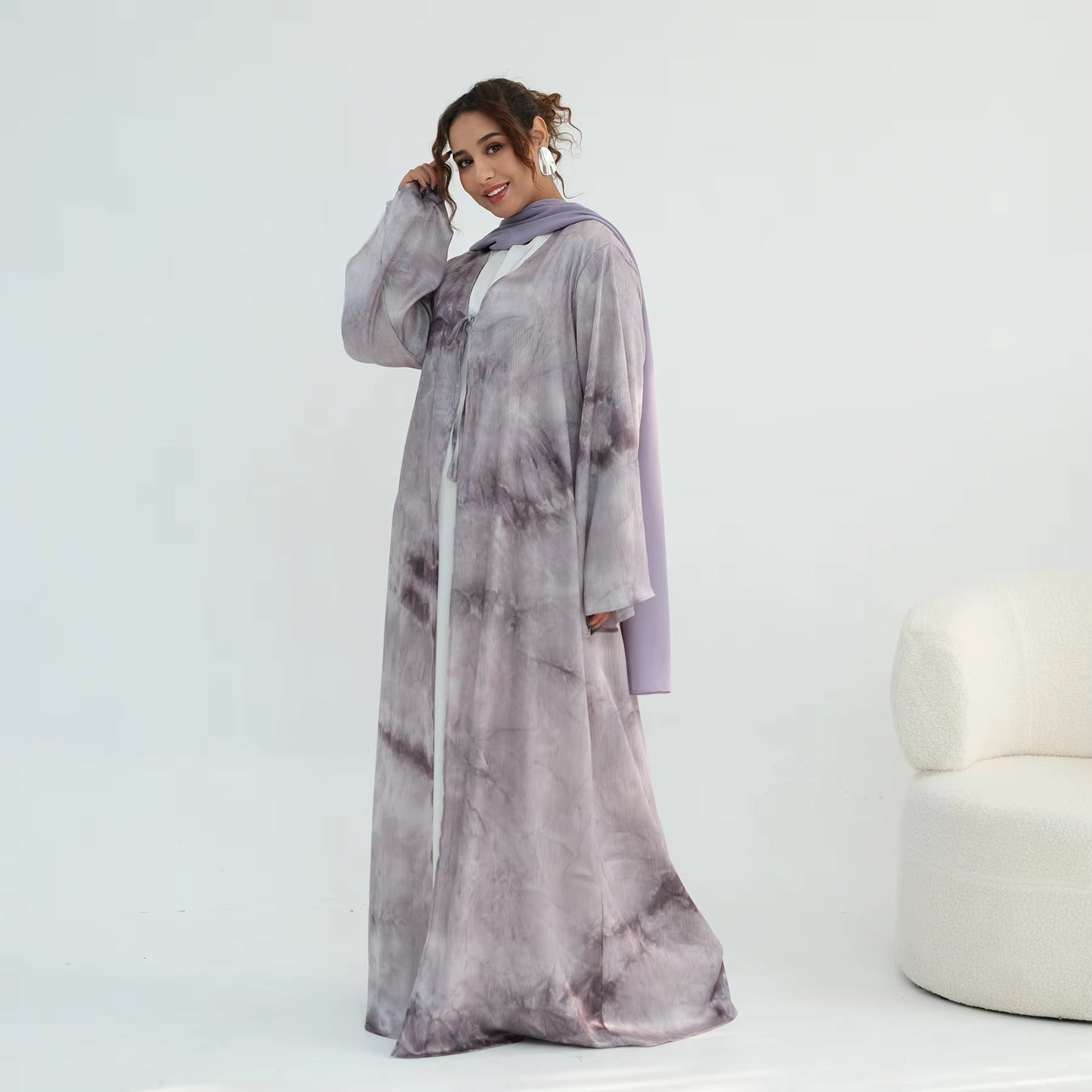 Satin Marble Print Abaya with Bow Tie Detail