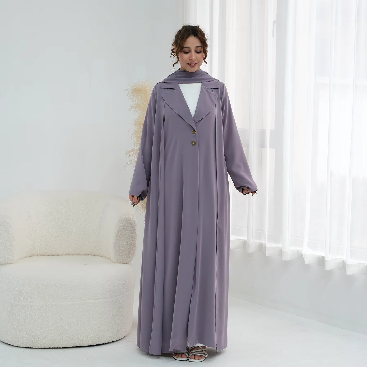 Nura Elegant Front Open Abaya Coat with Chiffon Hijab – 2 Piece Modest Set