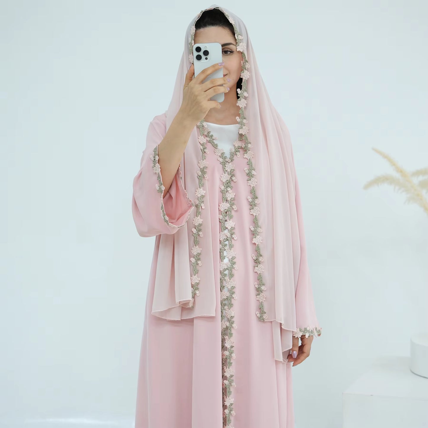 Nura Floral Patchwork Open Abaya with Hijab – Modest Kimono Dress