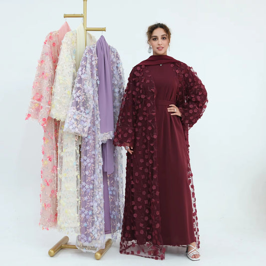 3D Floral Lace Abaya Set – 3 Piece