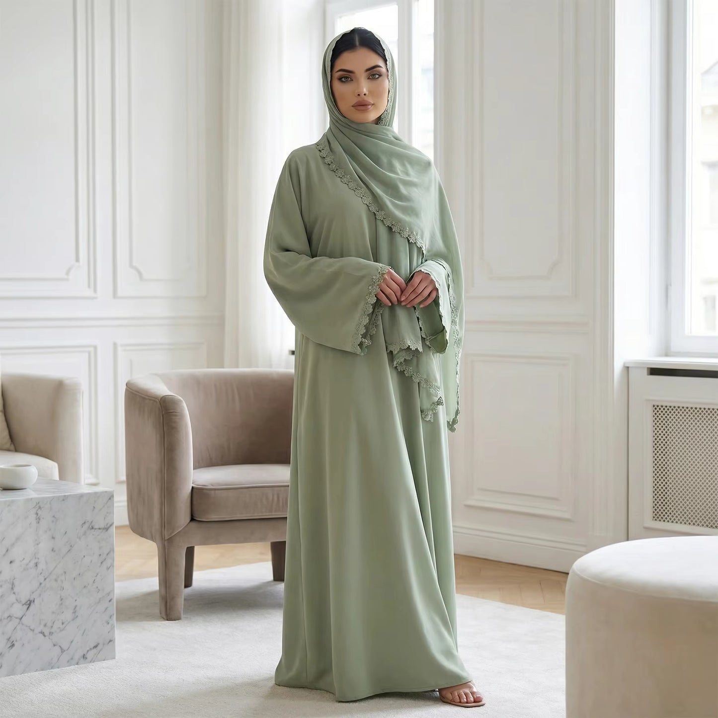 Nida Lace Flower Open Abaya with Hijab