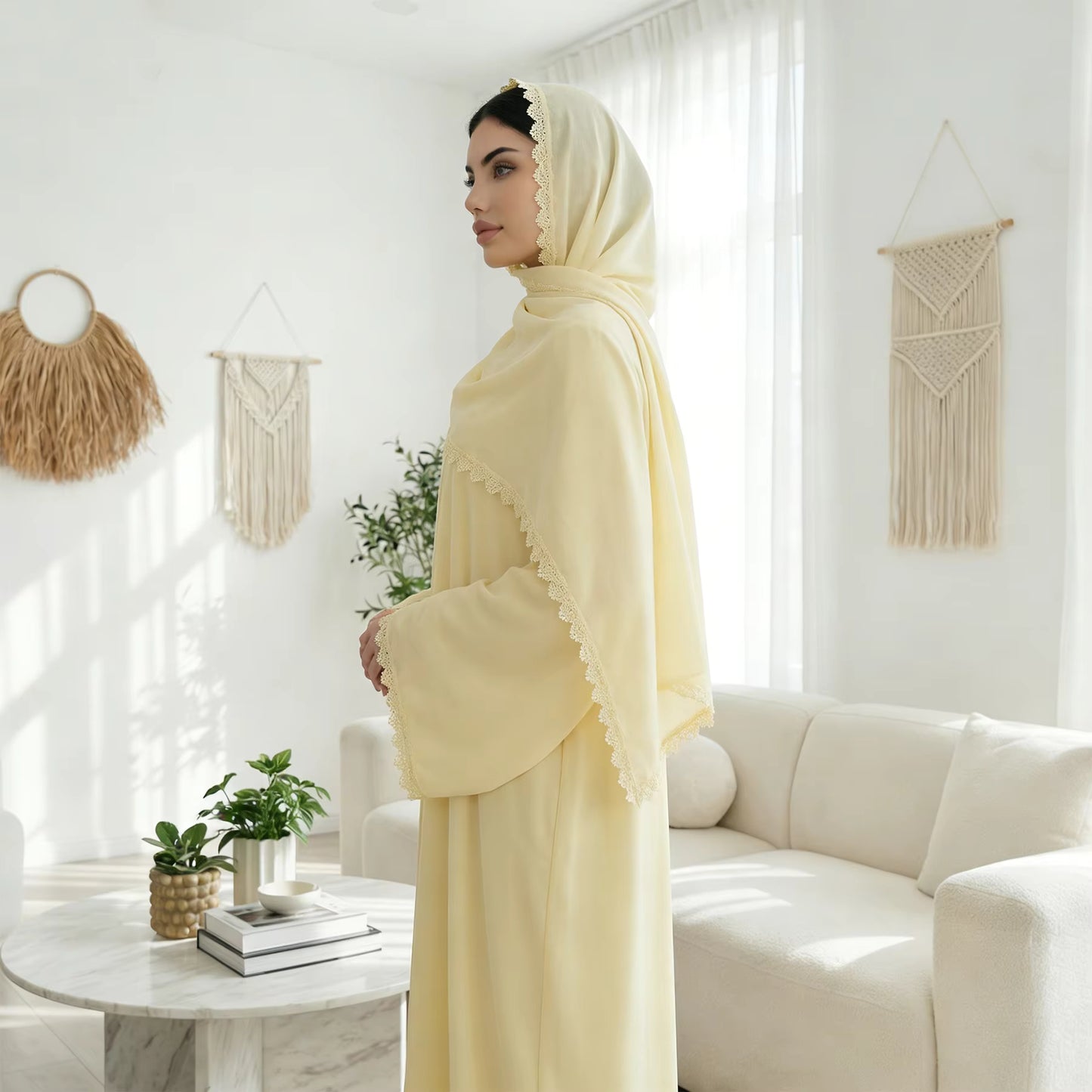 Nida Lace Flower Open Abaya with Hijab