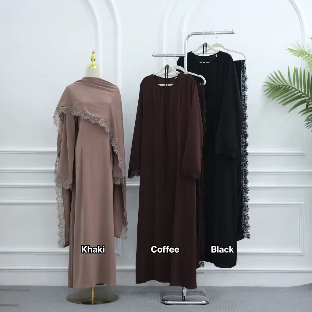 Elegant Lace Trim Cape Overlay Abaya Dress