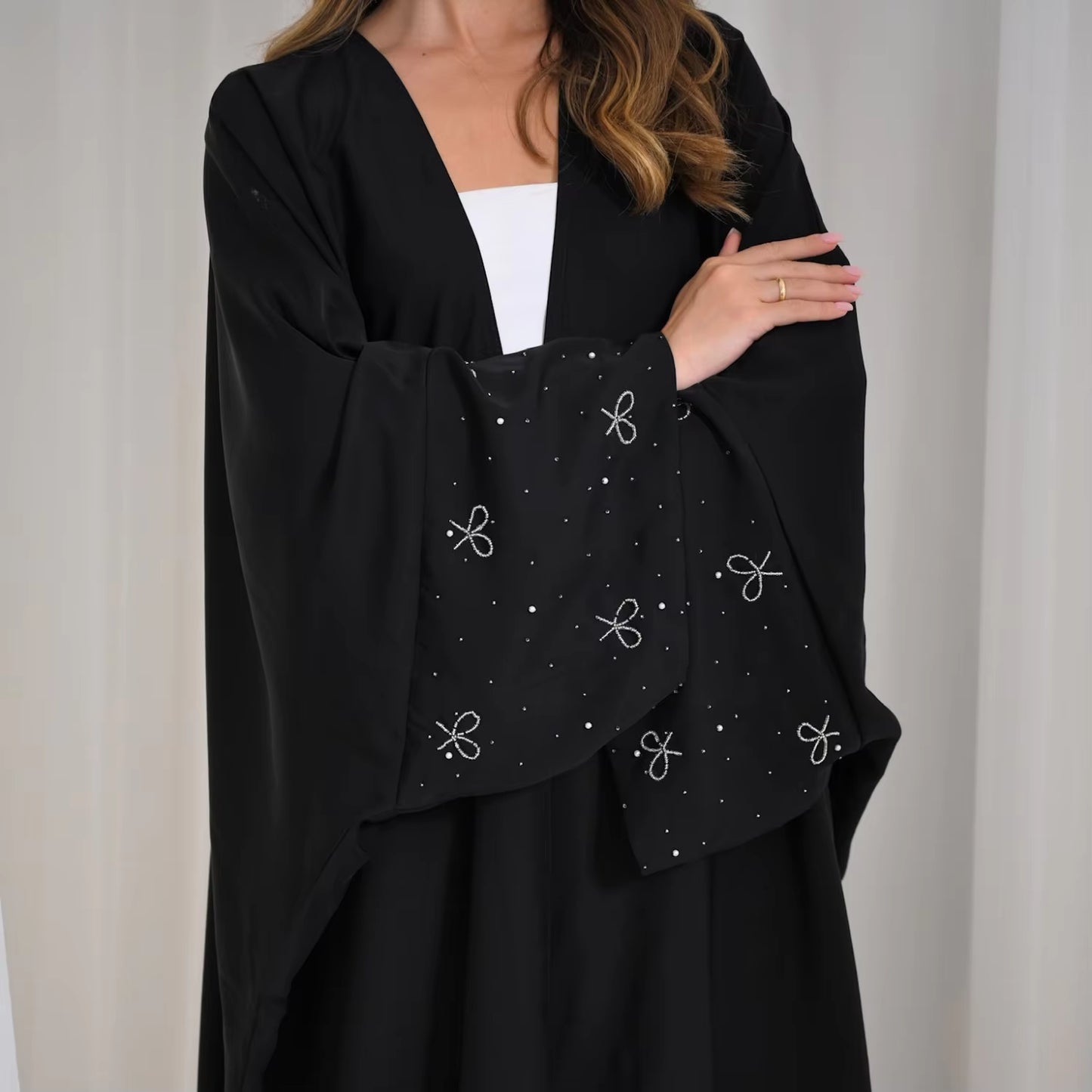 Elegant Nida Rhinestone Dubai Abaya – Modest Islamic Cardigan Abaya for Women