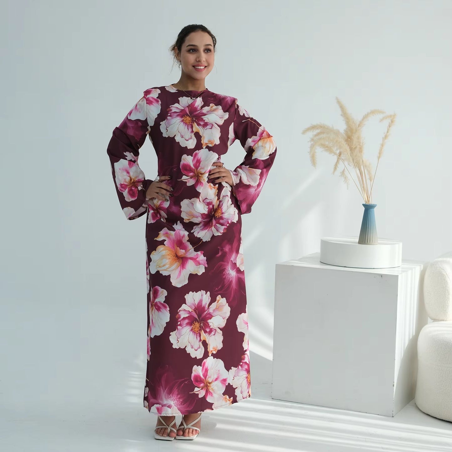 Elegant Floral Abaya | Modest Long Sleeve Muslim Maxi Dress