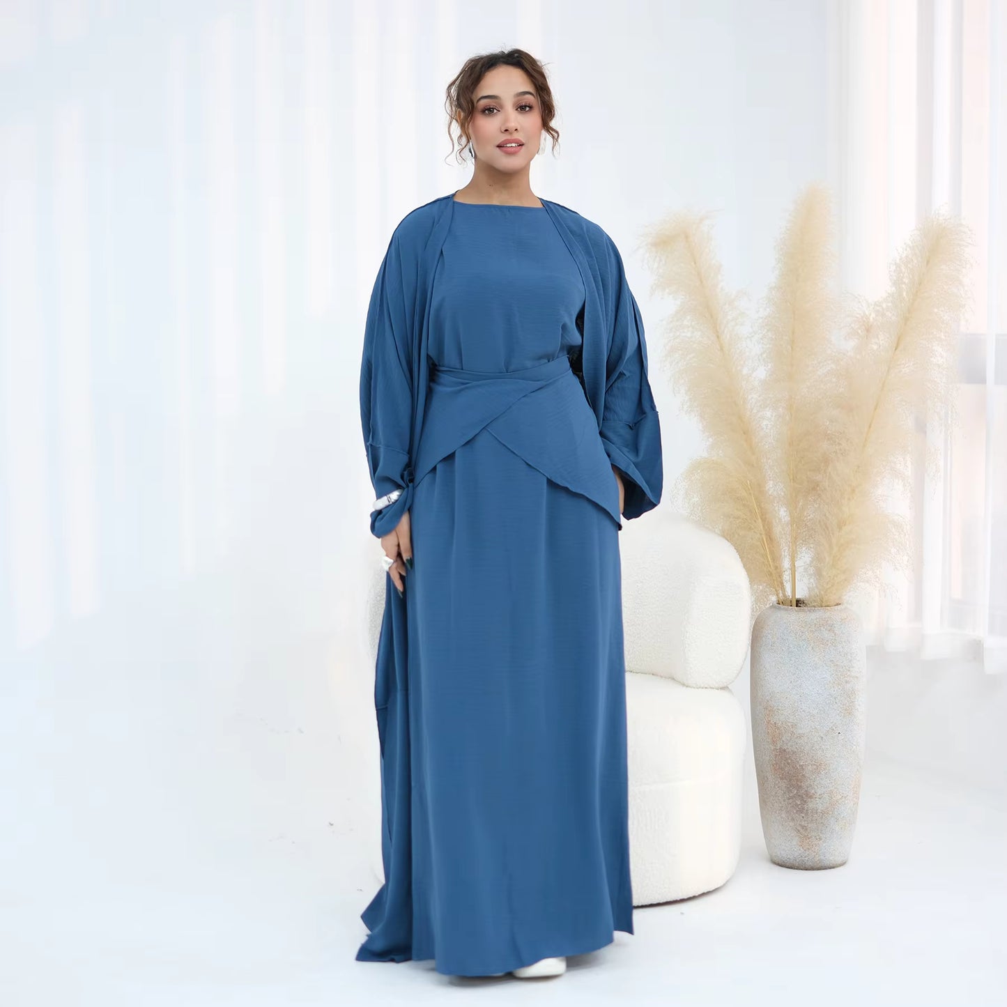 2-Piece Open Abaya Set – Daily Wear Muslim Dress with Wrap