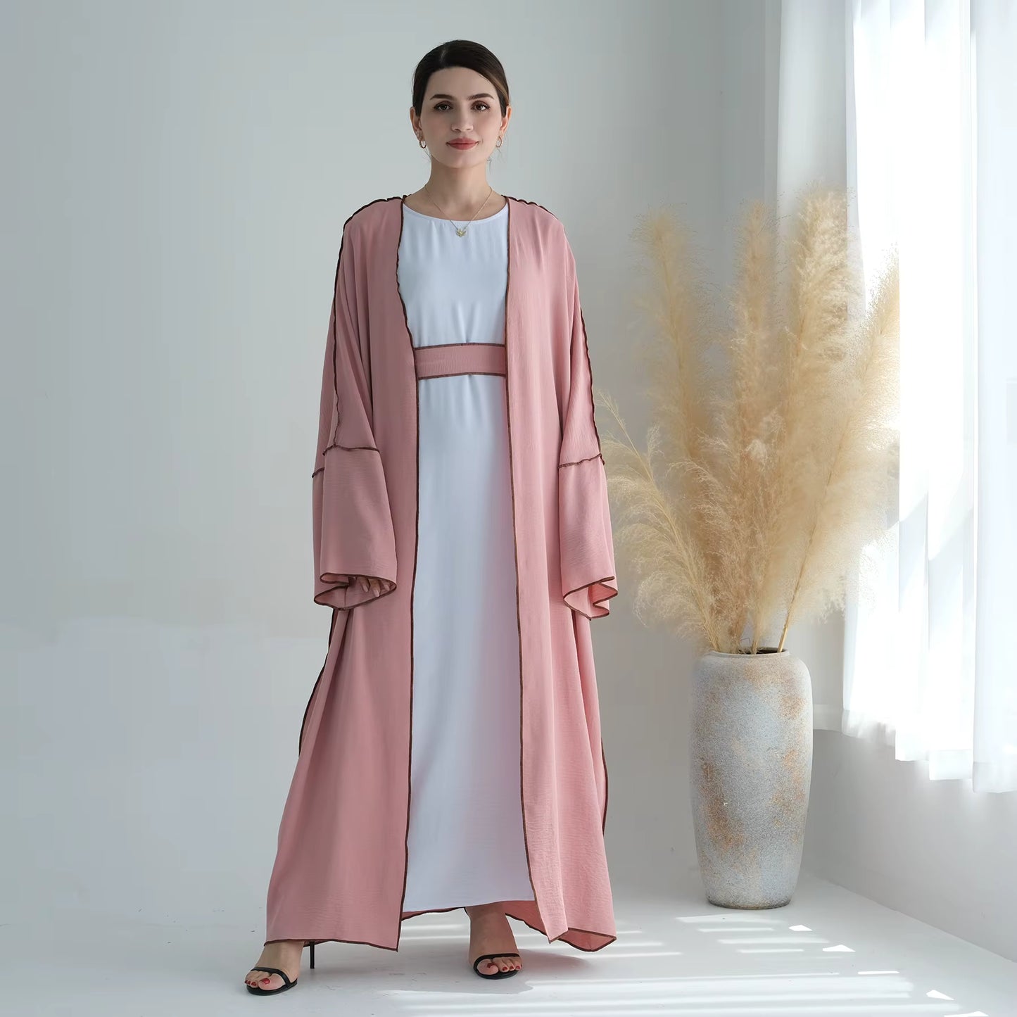 Modest 2-Piece Abaya Set – Soft Crepe Open Front Kimono Cardigan with Hijab Scarf