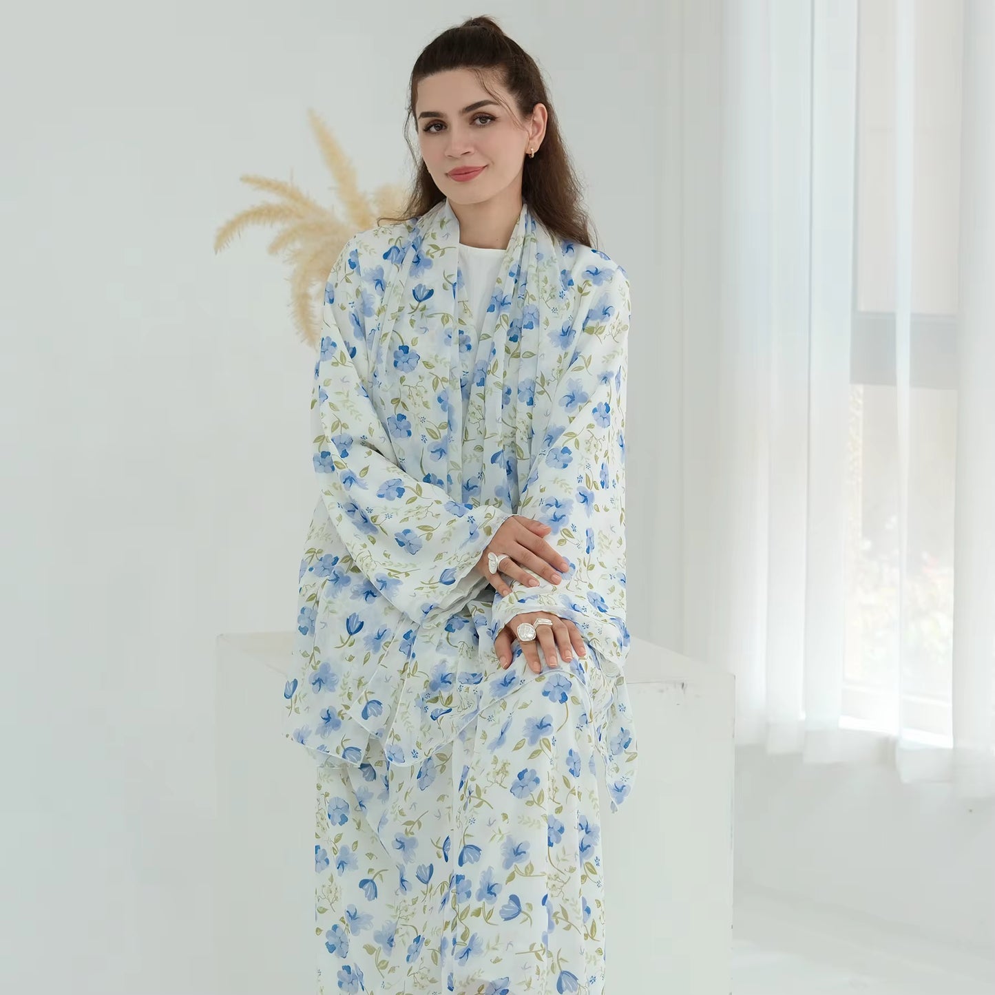 Elegant Printed Open Abaya Set – Lightweight Chiffon with Hijab