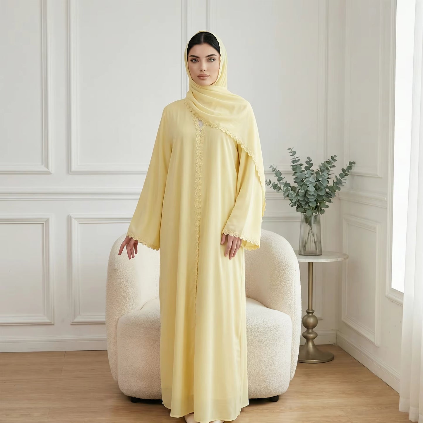 Nida Lace Flower Open Abaya with Hijab