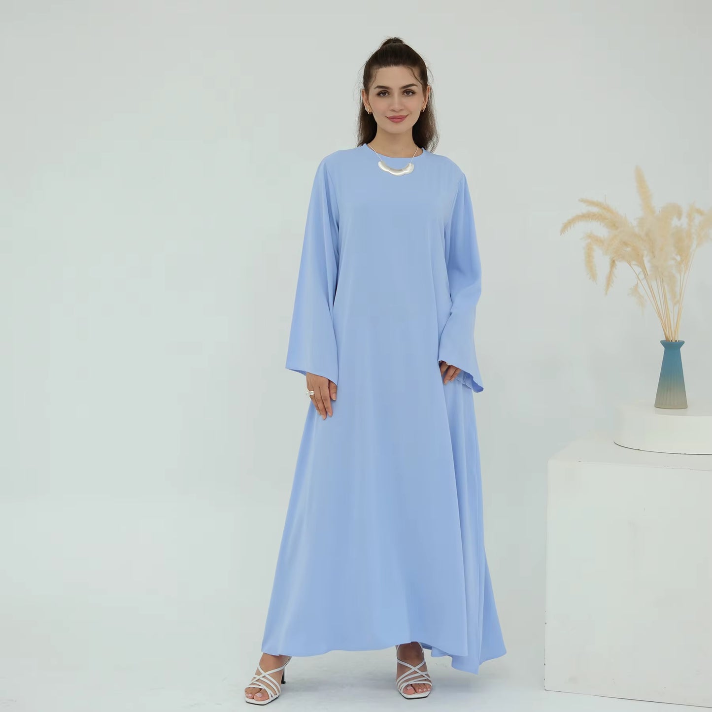 Eid Modest Nida Closed Abaya Long Sleeve Maxi Dress with Belt