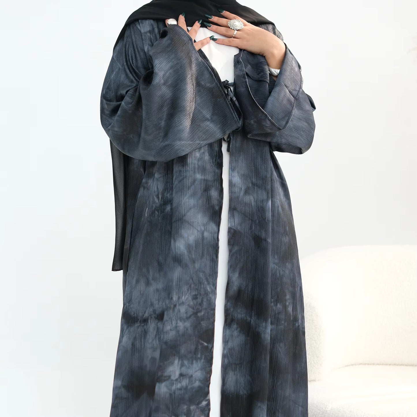 Satin Marble Print Abaya with Bow Tie Detail