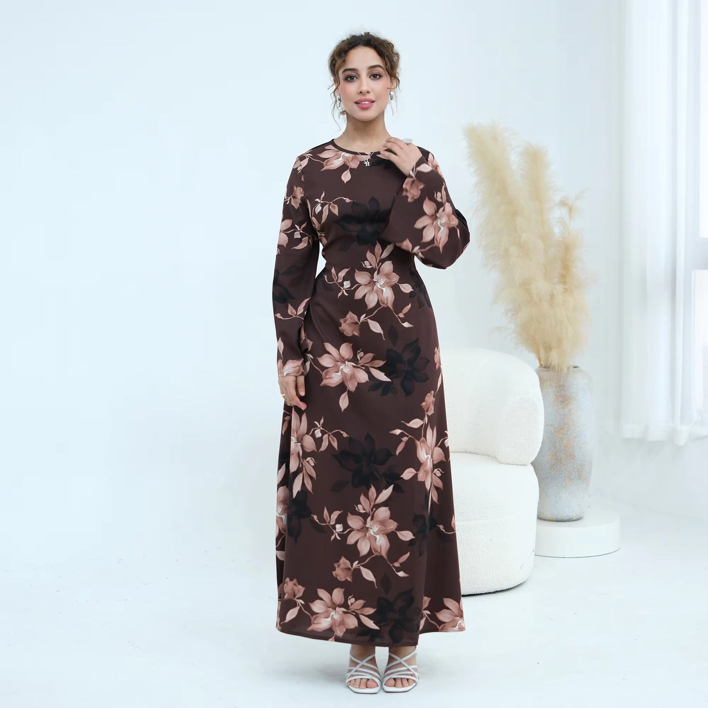 Floral Print Modest Maxi Dress with Drawstring Waist