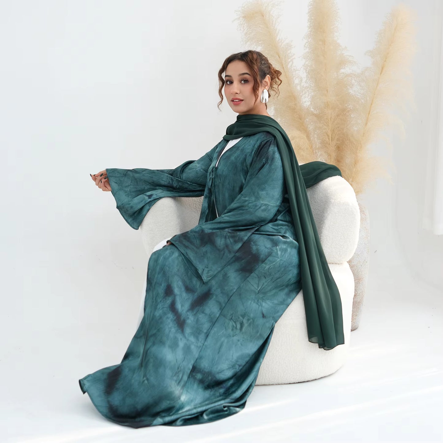 Satin Marble Print Abaya with Bow Tie Detail