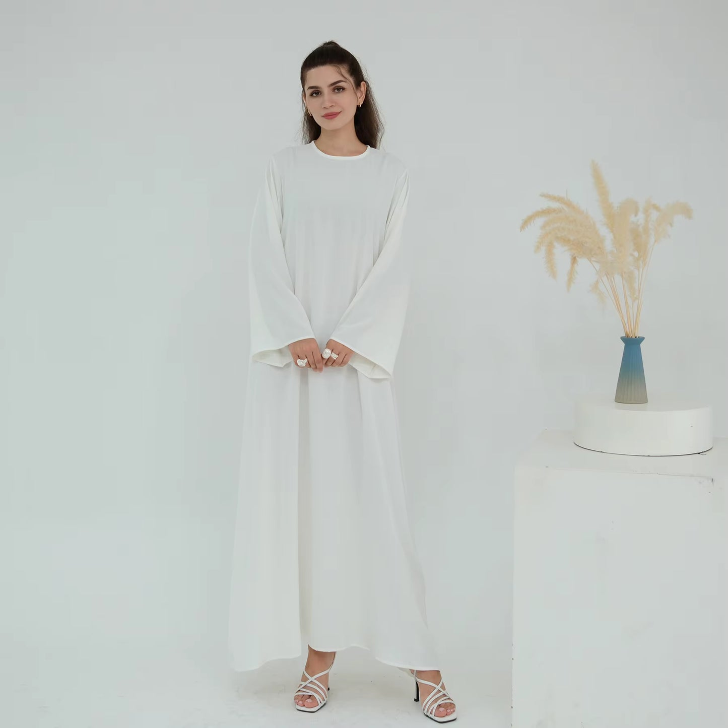 Eid Modest Nida Closed Abaya Long Sleeve Maxi Dress with Belt