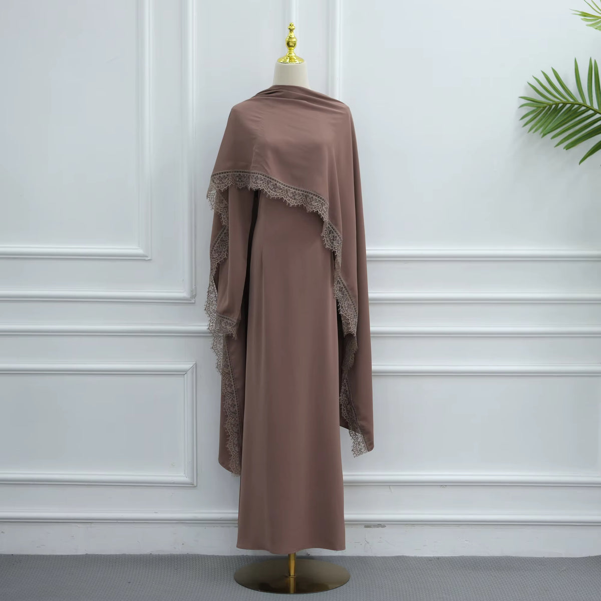 Elegant Lace Trim Cape Overlay Abaya Dress