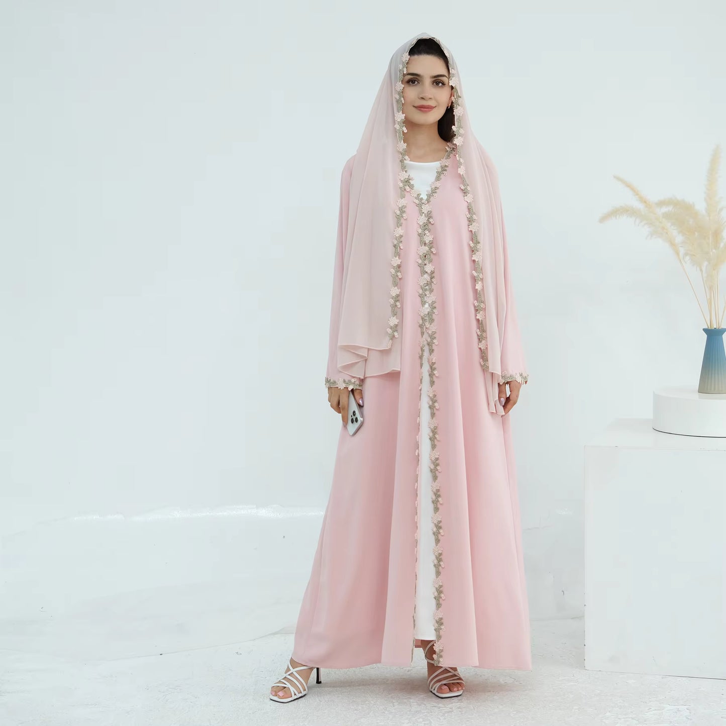 Nura Floral Patchwork Open Abaya with Hijab – Modest Kimono Dress