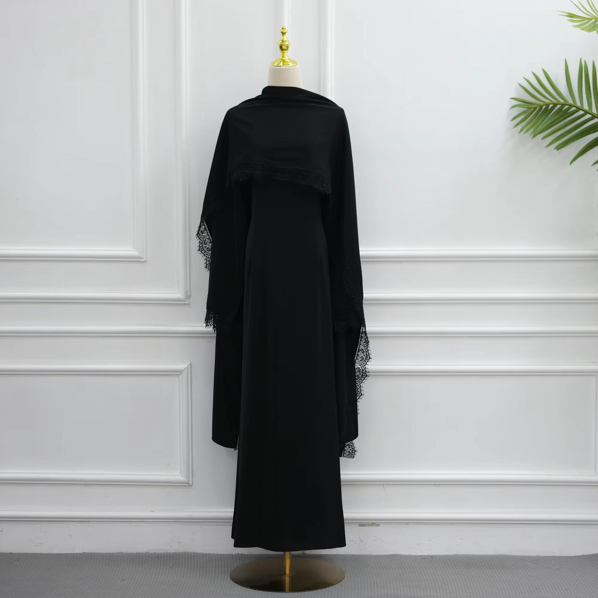 Elegant Lace Trim Cape Overlay Abaya Dress