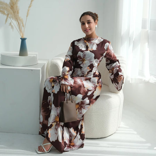 Elegant Floral Abaya | Modest Long Sleeve Muslim Maxi Dress