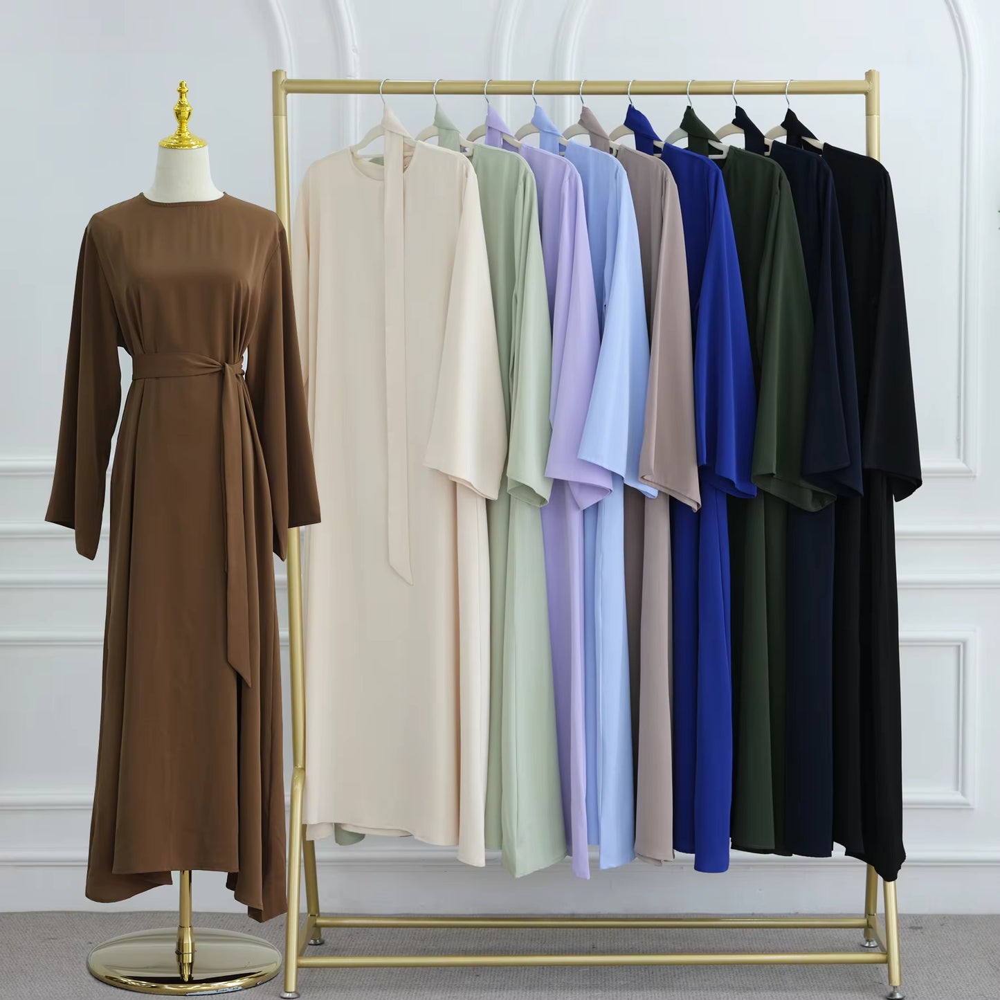 Eid Modest Nida Closed Abaya Long Sleeve Maxi Dress with Belt