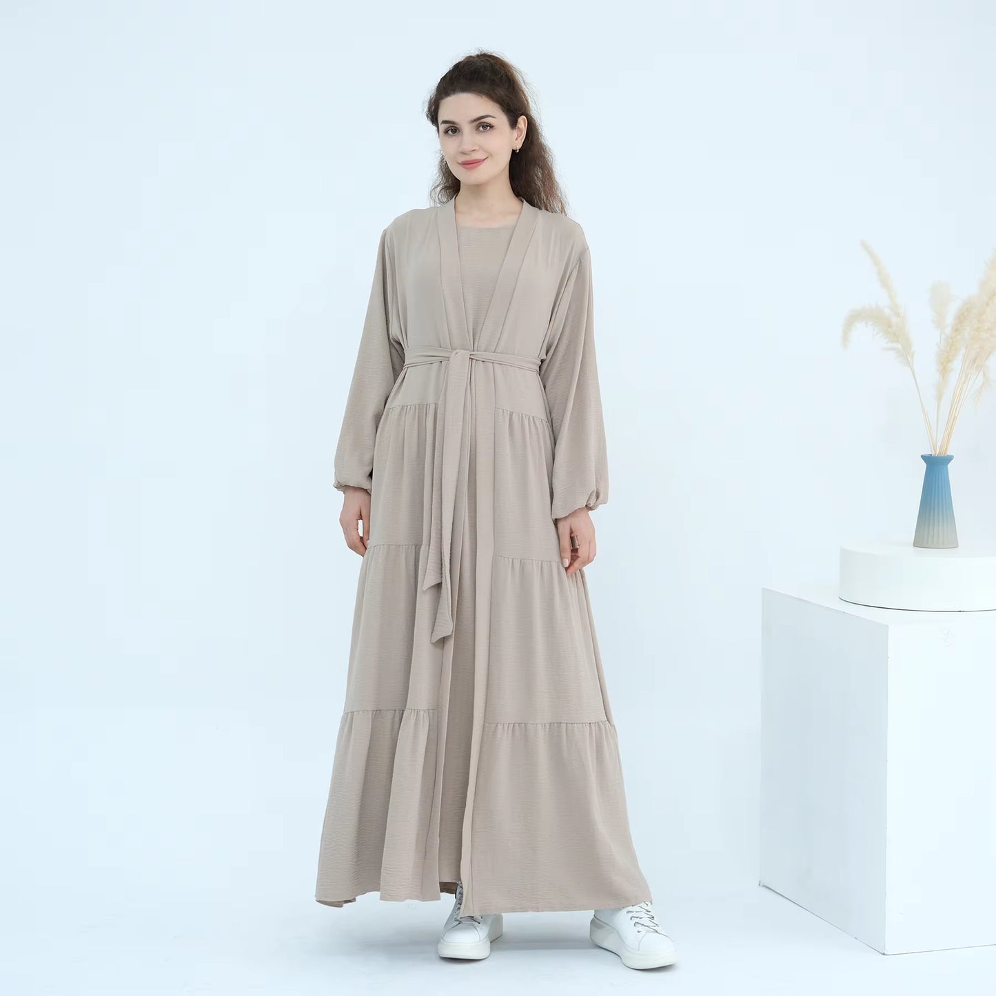 Elegant Soft Crepe Ruffle Abaya Set for Women – 2 Piece Modest Dubai Abaya Outfit