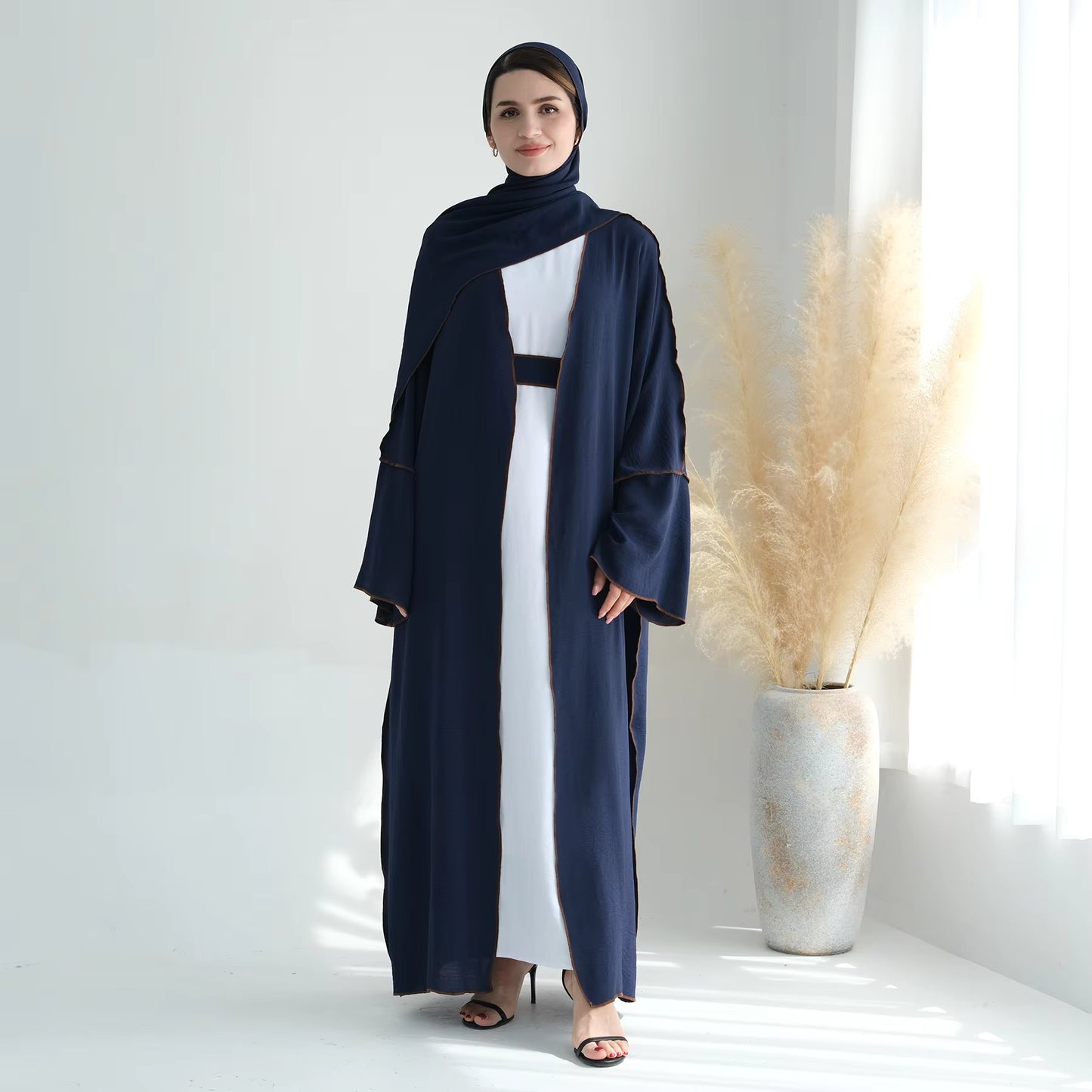 Modest 2-Piece Abaya Set – Soft Crepe Open Front Kimono Cardigan with Hijab Scarf