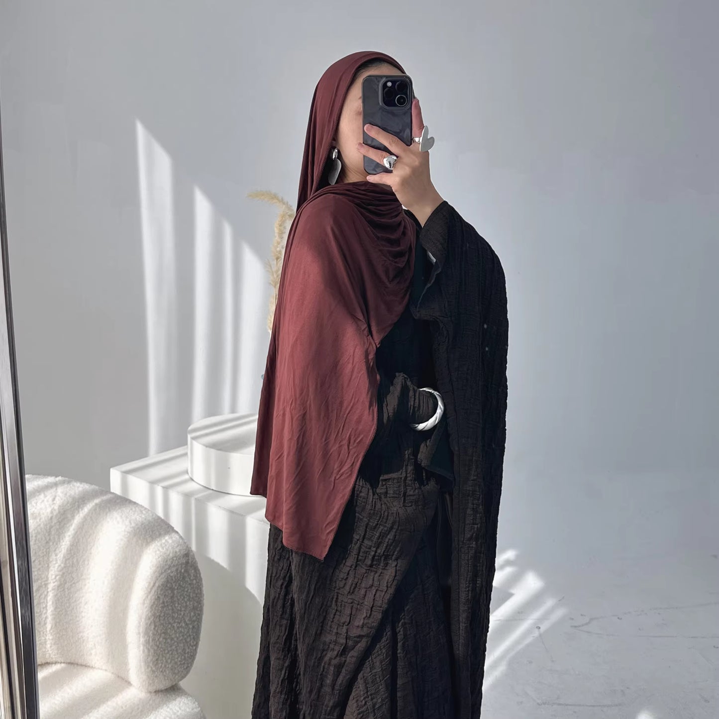 Brown Textured Open Front Abaya – Elegant Modest Islamic Cardigan for Women