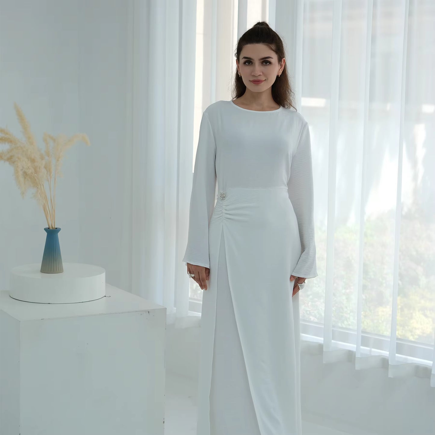 Elegant Soft Crepe Closed Abaya Dress – Back Tie Solid Color Maxi Islamic Dress