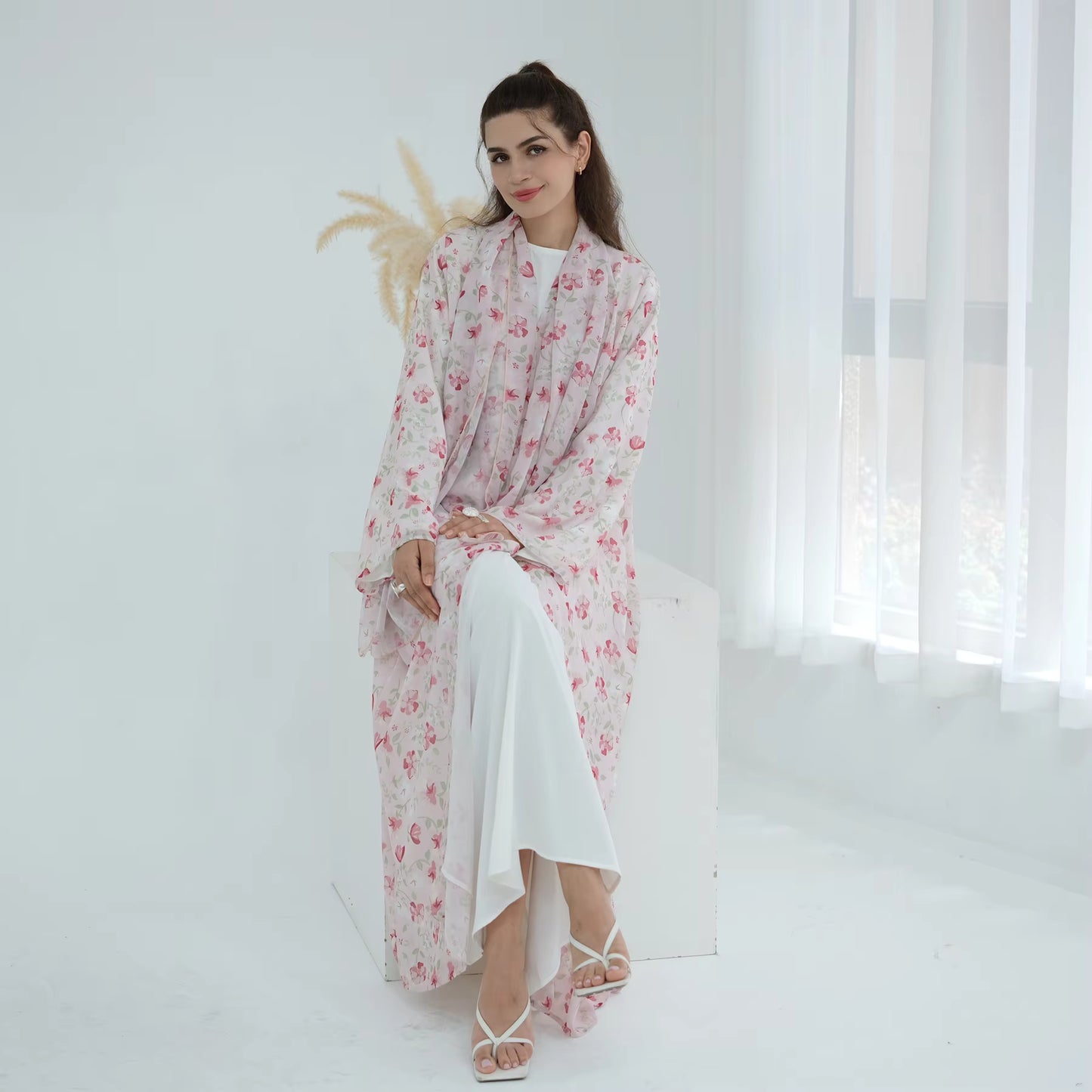 Elegant Printed Open Abaya Set – Lightweight Chiffon with Hijab
