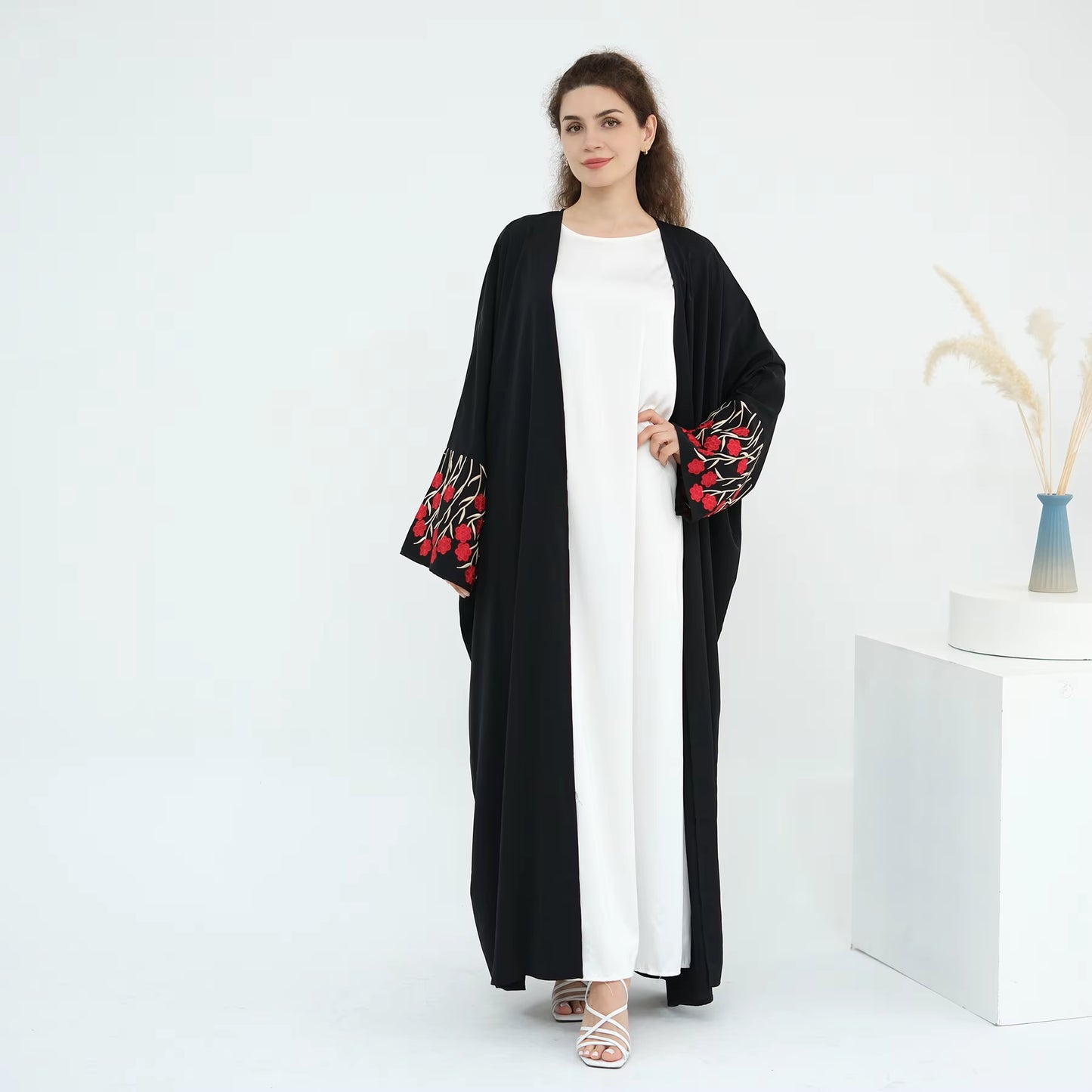 Loriya Floral Embroidered Open Abaya Set – 2PCS Modest Islamic Dress with Hijab