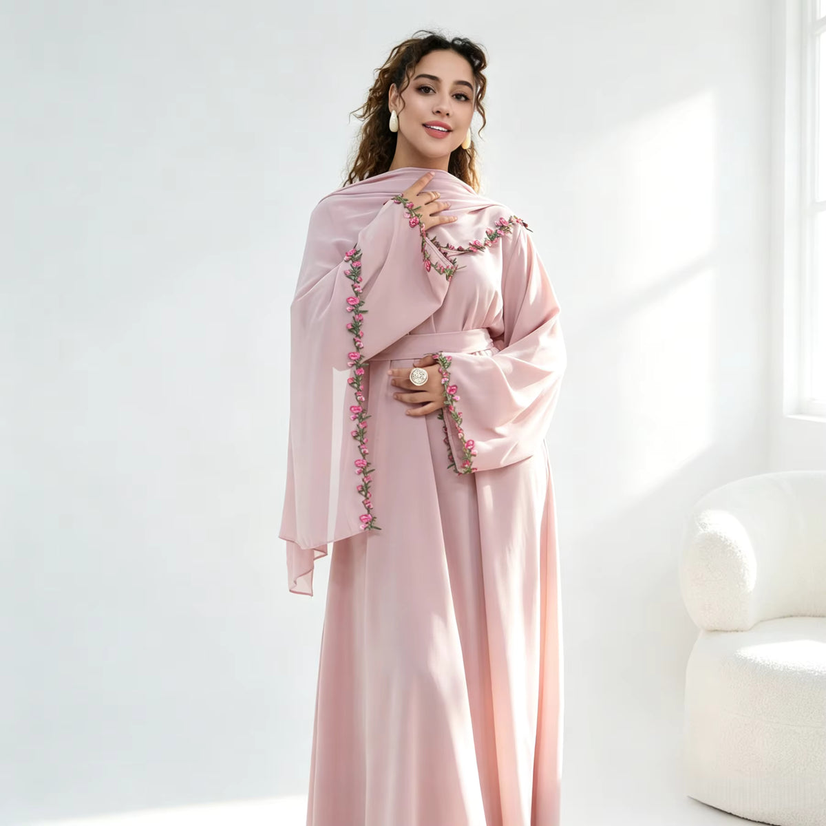 Amira Floral Embroidered Nida Abaya With Matching Hijab Set