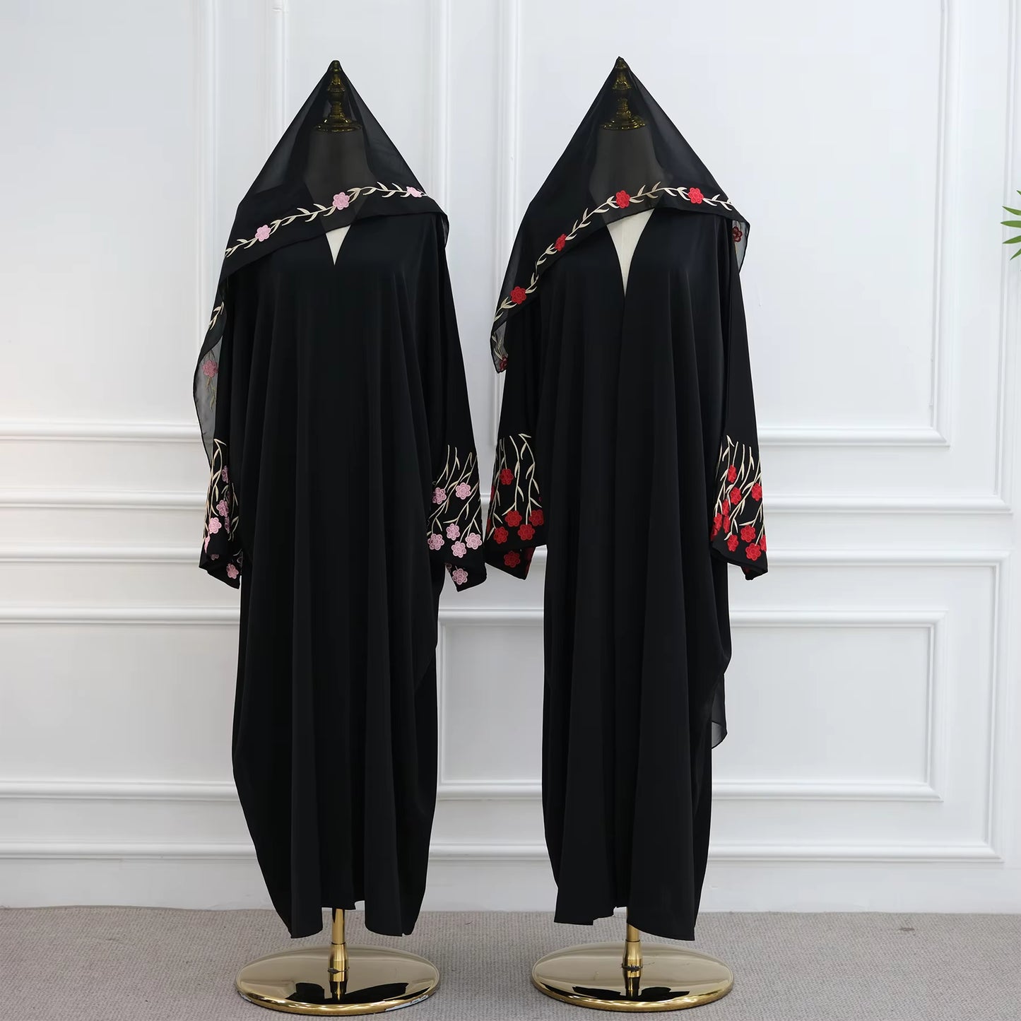 Loriya Floral Embroidered Open Abaya Set – 2PCS Modest Islamic Dress with Hijab