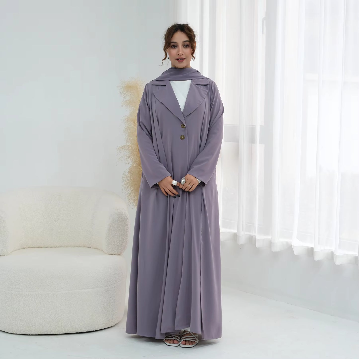 Nura Elegant Front Open Abaya Coat with Chiffon Hijab – 2 Piece Modest Set