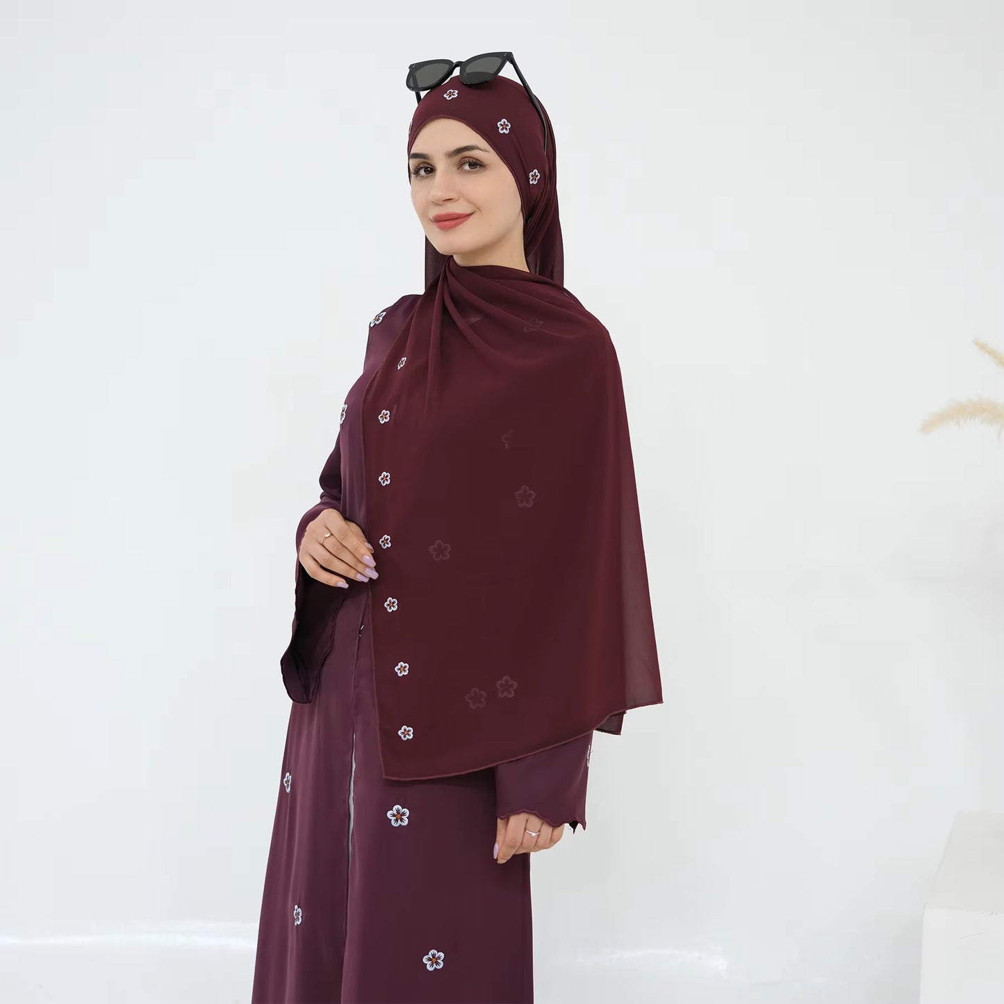 Luxury Floral Embroidered Open Abaya 2-Piece Set – Nida Fabric | Modest Muslim Women Dress