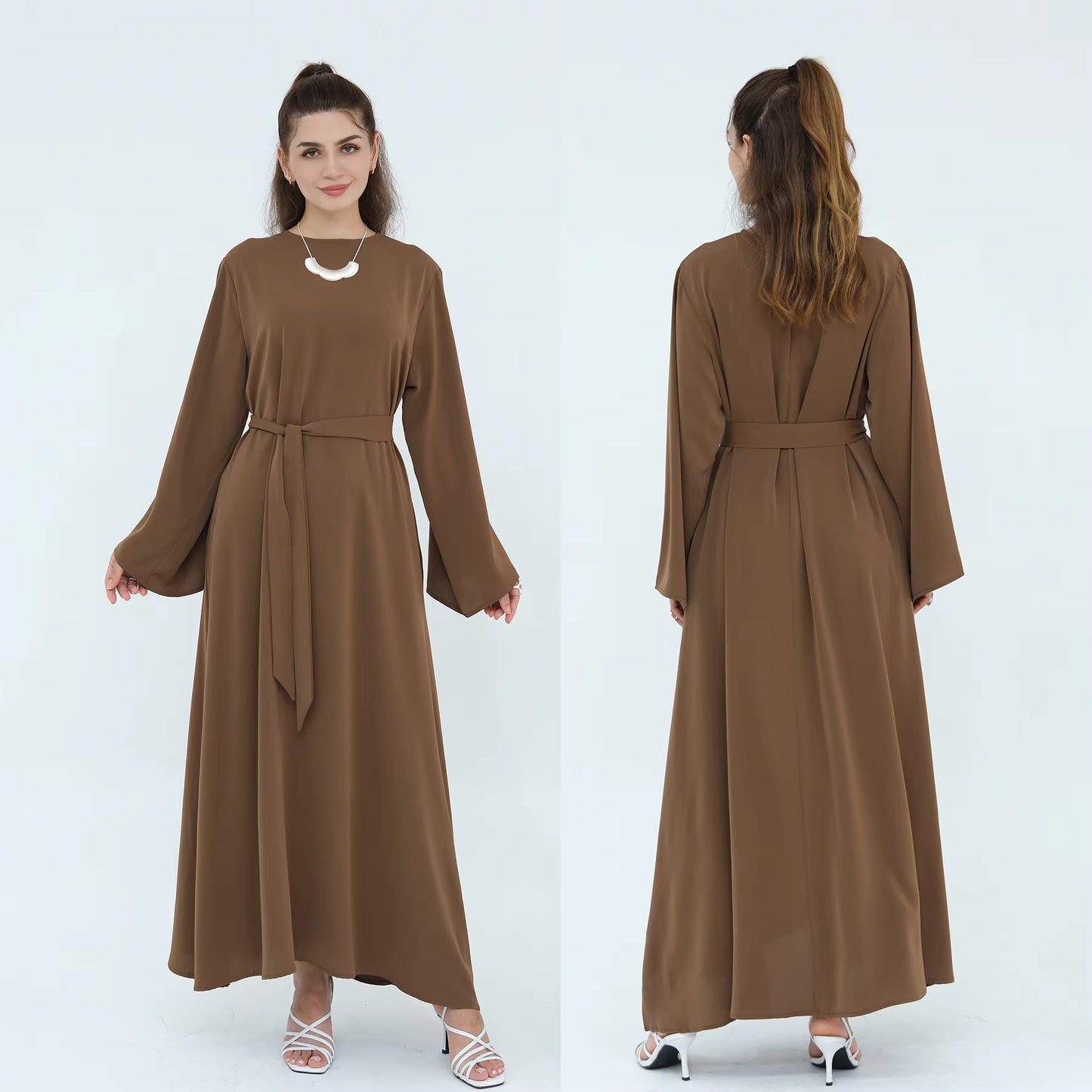 Eid Modest Nida Closed Abaya Long Sleeve Maxi Dress with Belt
