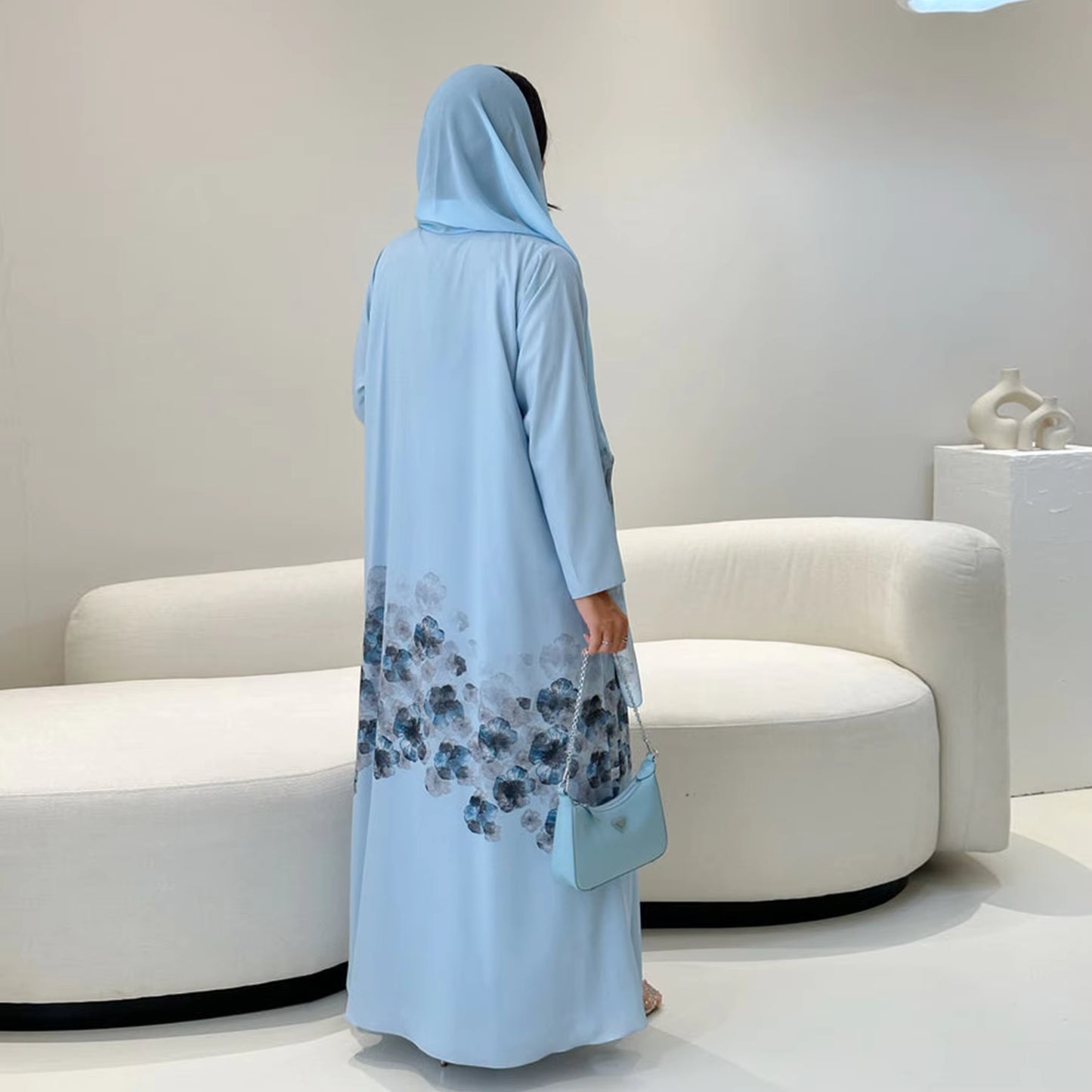 Printed Chiffon & Satin Open Abaya with Hijab – Elegant Ramadan & Eid Modest Dress