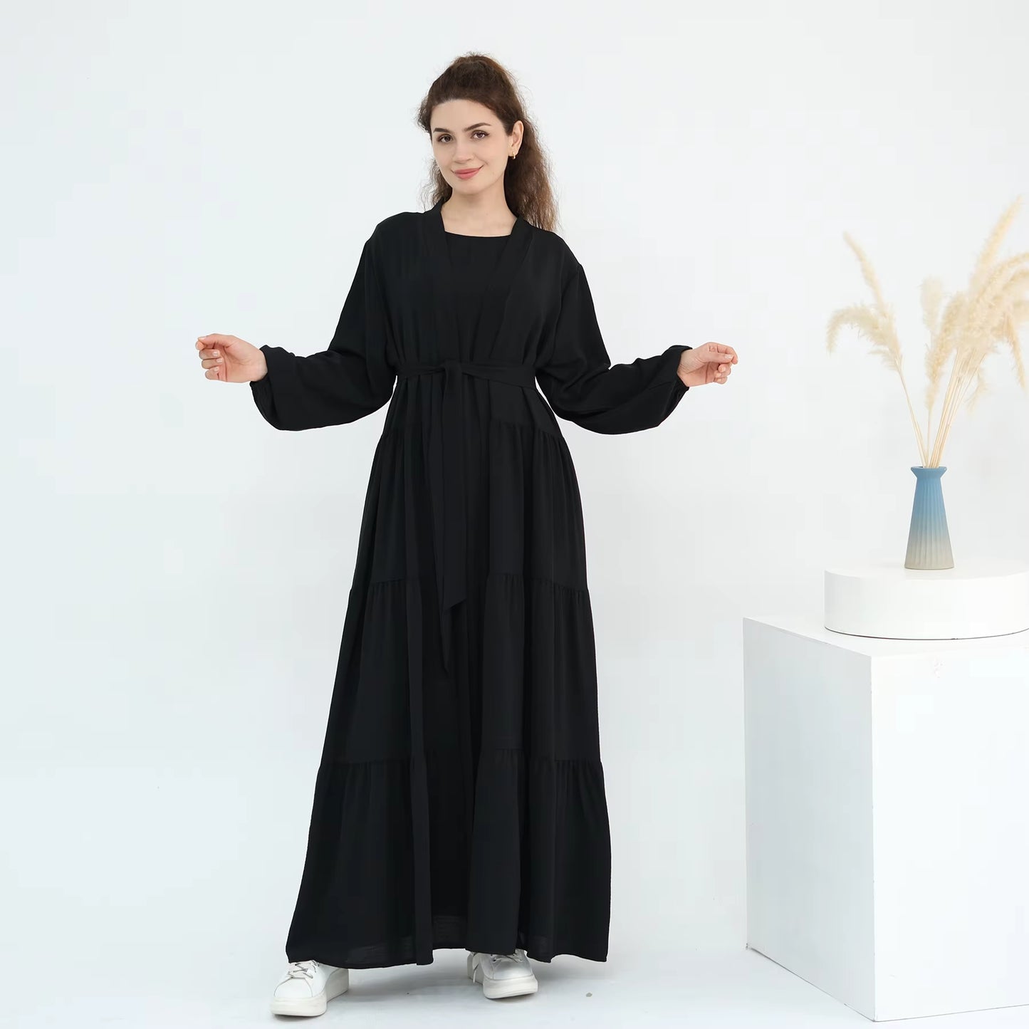 Elegant Soft Crepe Ruffle Abaya Set for Women – 2 Piece Modest Dubai Abaya Outfit