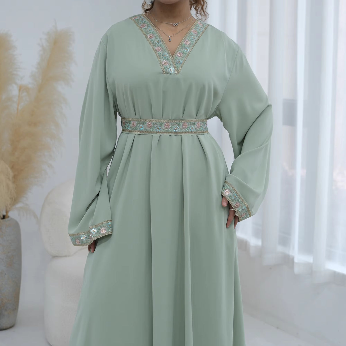 Laya Embroidered Belted Abaya Gown