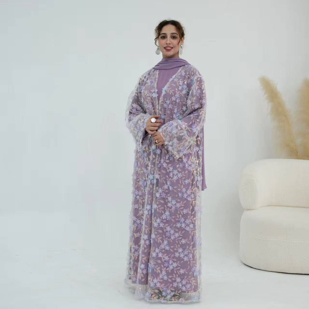 3D Floral Lace Abaya Set – 3 Piece
