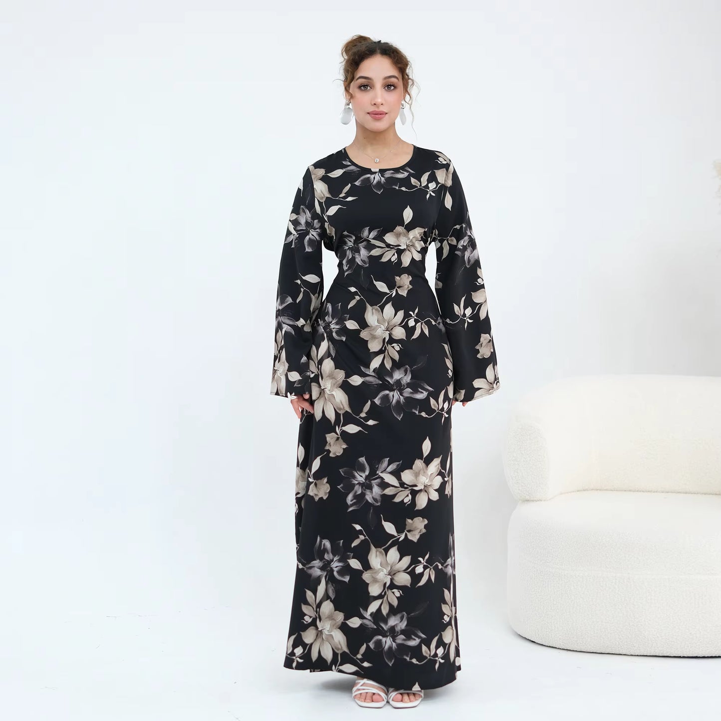 Floral Print Modest Maxi Dress with Drawstring Waist